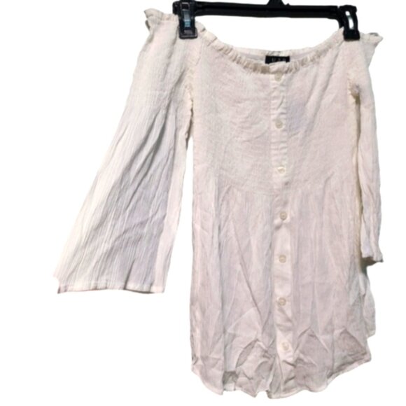 White Off-Shoulder Smocked Peasant Cottage Core Flounce Long Sleeve Crepe Top - Picture 4 of 11